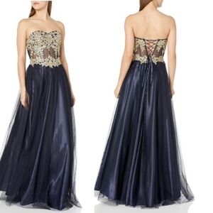 Blondie Nites black and gold prom/formal dress with corseted top. Size 7